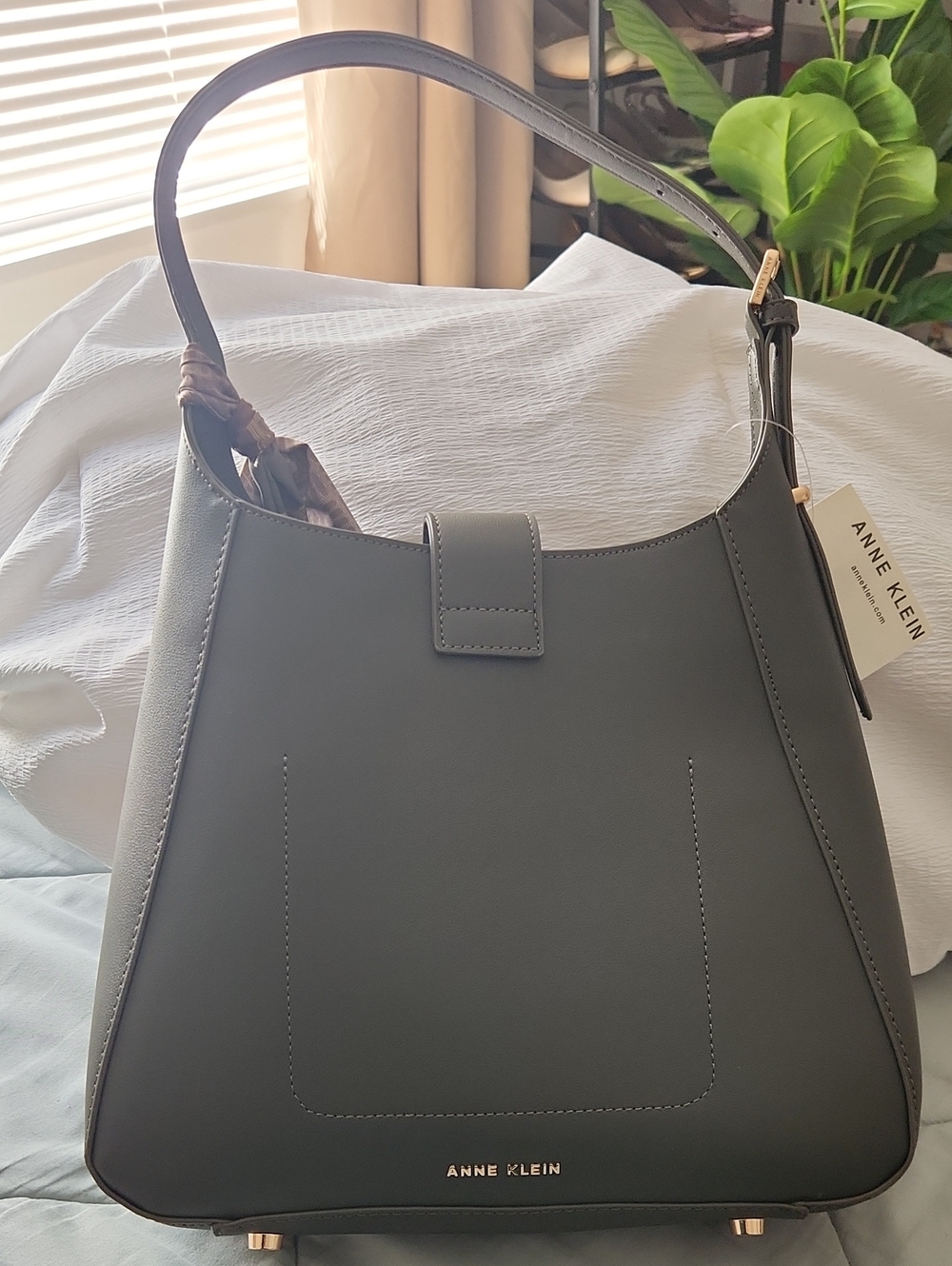 Anne Klein Olive Green Leather Shoulder Bag with Scarf Accent - Picture 2 of 4